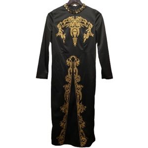 Vintage 70’s gold on black printed dress